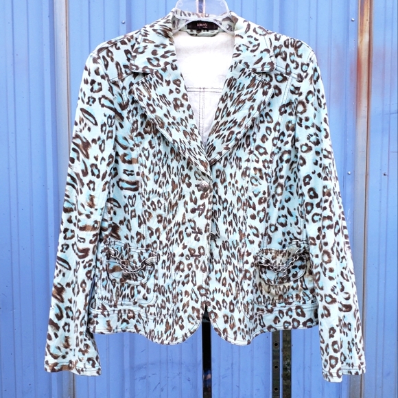 Laurèl by Escada Vintage 90s/00 Velvet/Brushed Blue Leopard Print Jacket Size 42 - Picture 2 of 15